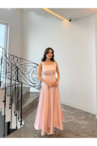 NURGENC Lavin Pudra Saten Kloş Etek Kalın Askılı Uzun Abiye Elbise