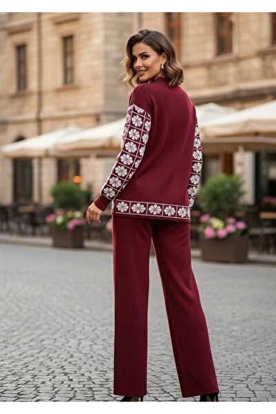 YusGos Women's Clover Patterned Top and Bottom Pants Sweater Knitwear Set