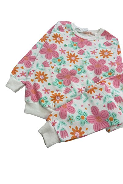 Şekerkids Girl's Two Thread Sha Fleece-Lined White Color Flower Pattern Long Sleeve Pajamas Set
