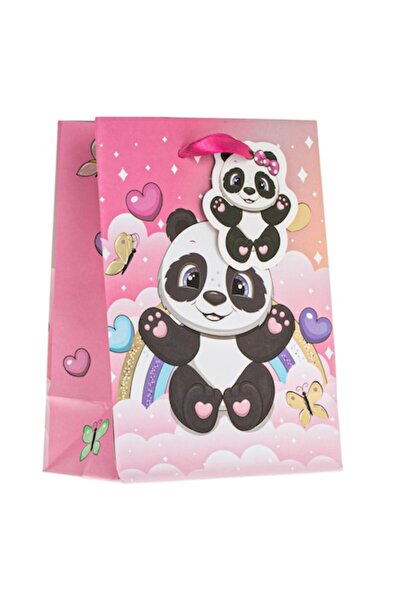 OEM Pungă cadou mini carton cu panda curcubeu și folie aurie 10,5x6,5x14,5 cm
