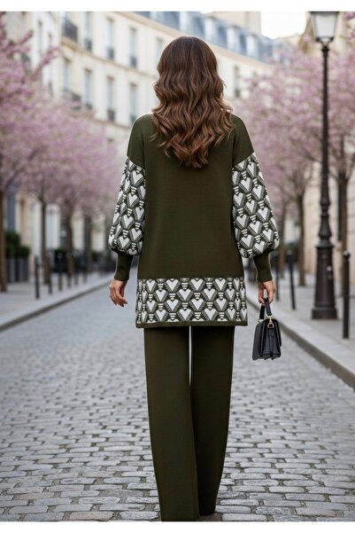 YusGos Women's Heart Patterned Top and Bottom Pants Sweater Knitwear Set