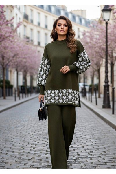 YusGos Women's Heart Patterned Top and Bottom Pants Sweater Knitwear Set