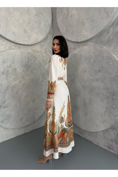 WellWay Atlas Fabric Floral Print Shirt Collar Button Detail White Dress (Include Belt)-2501