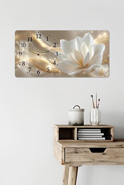 kutuTR 3D Görünümlü 2D UV Baskı Yatay Temperli Cam Saat Tablo–Beyaz Lotus Çiçeği 60x30 cm-YSL027
