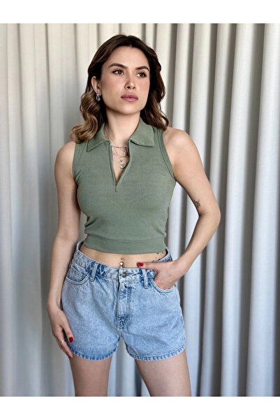 ZENGEZUR MALL Lvsqvr Short Zippered Crop Khaki (231417) (Size: S)