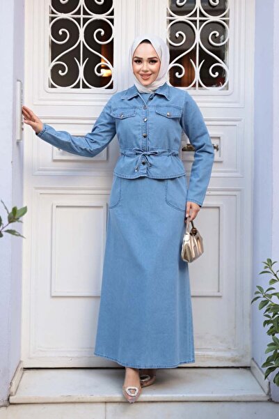 N.S NEVA STYLE Μπλε Τζιν Φόρεμα Μουσουλμανικό Σετ Δύο Τεμάχια 44652M