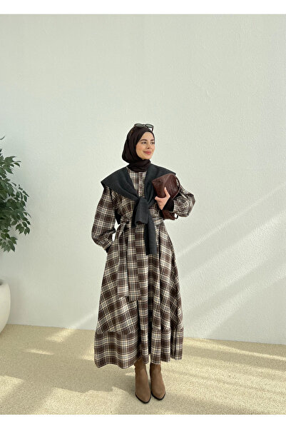 MODA AKSA ZR KARELİ GÖMLEK ELBİSE KAHVE