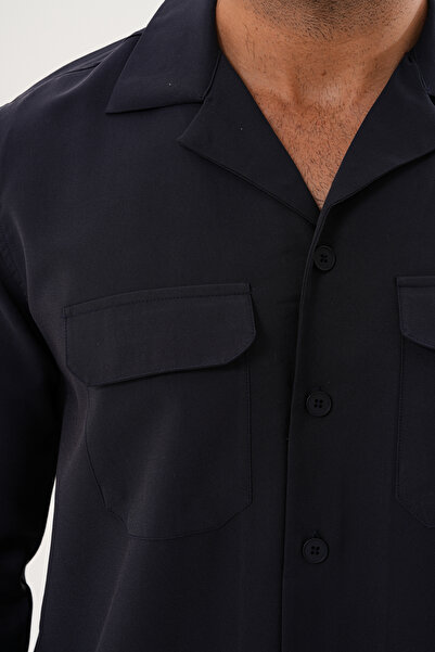 Catto Peak Men's Relax Fit Long Sleeve Cotton Double Pocket Flap Plain Pattern Dark Navy Blue Transitional Shirt