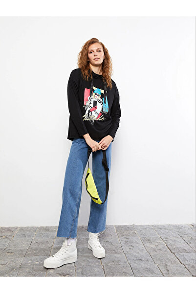 LC Waikiki LCW Vision Black cu glugă cu imprimeu Hanorac cu mânecă lungă pentru femei tricou