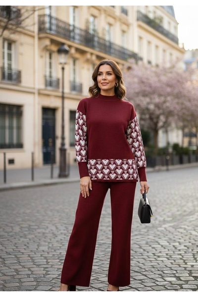 YusGos Women's Heart Patterned Top and Bottom Pants Sweater Knitwear Set