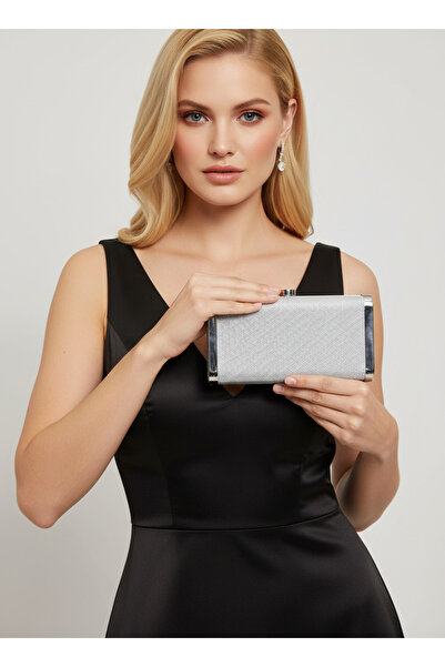 Biçanta Silver Gray Lame Complete Metal Frame Evening Dress Bag Wedding Engagement Graduation