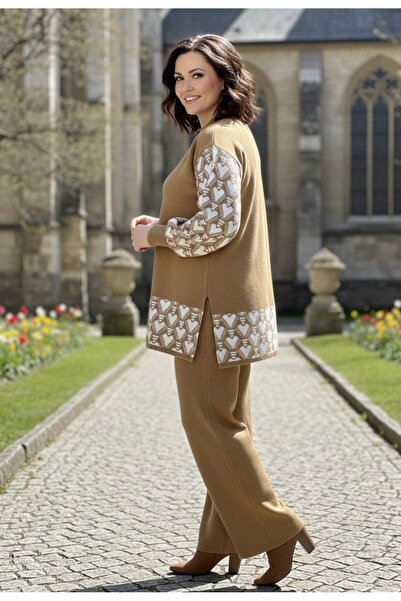 YusGos Women's Heart Patterned Top and Bottom Pants Sweater Knitwear Set