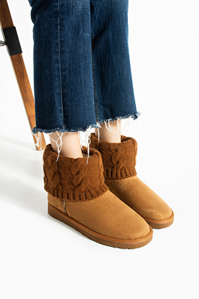 LORENN SHOES Γυναικείες μπότες Mini Tan Knitwear με επένδυση από γούνα και επίπεδη σόλα