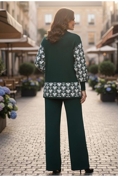 YusGos Women's Heart Patterned Top and Bottom Pants Sweater Knitwear Set