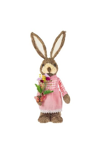 OEM Figurina Decorativa de Paste Iepuras cu Rochie Roz Carouri Flori 50cm