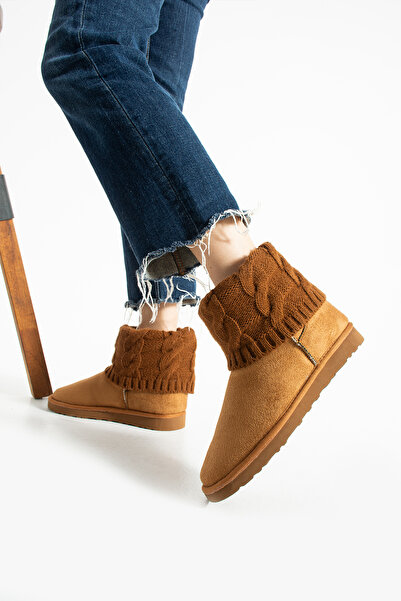 LORENN SHOES Γυναικείες μπότες Mini Tan Knitwear με επένδυση από γούνα και επίπεδη σόλα