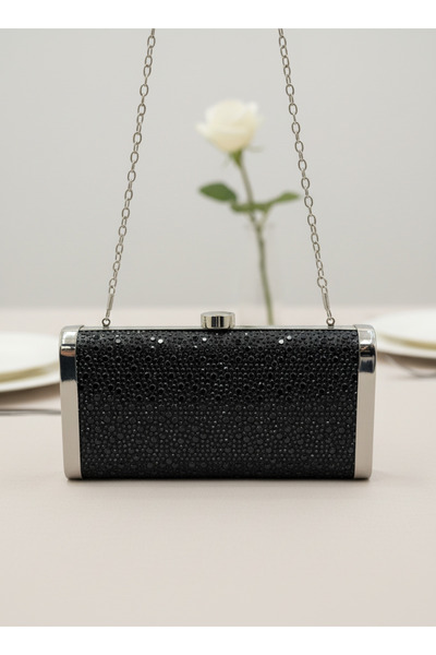 Biçanta Black Full Crystal Stone and Metal Frame and Evening Dress Bag Wedding Engagement Graduation