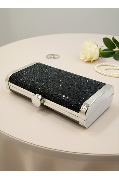Biçanta Black Full Crystal Stone and Metal Frame and Evening Dress Bag Wedding Engagement Graduation