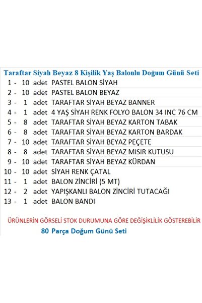 ZENVİVA 4 Year Old Fan Black and White 8-Person Birthday Set