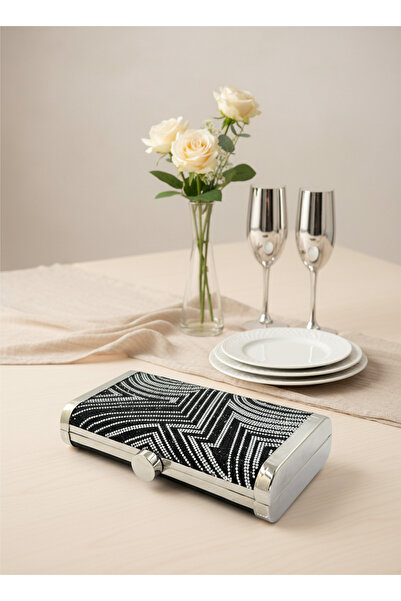 Biçanta Black Silver Detailed Full Crystal Stone and Metal Frame and Evening Dress Bag Wedding Engagement Graduation