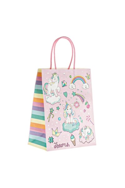 OEM Pungă cadou din carton kraft roz cu unicorn și curcubeu 18x10x23cm