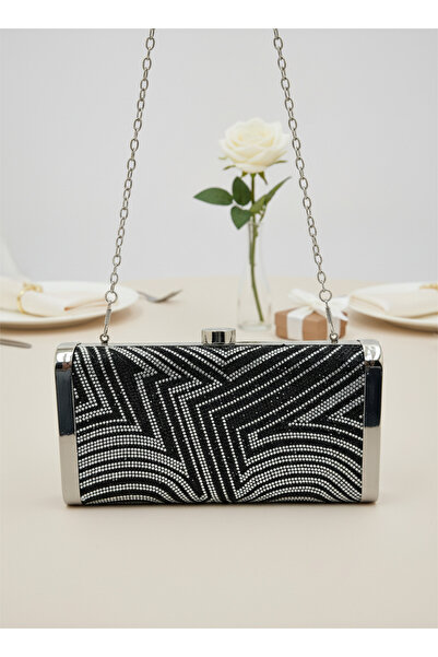 Biçanta Black Silver Detailed Full Crystal Stone and Metal Frame and Evening Dress Bag Wedding Engagement Graduation
