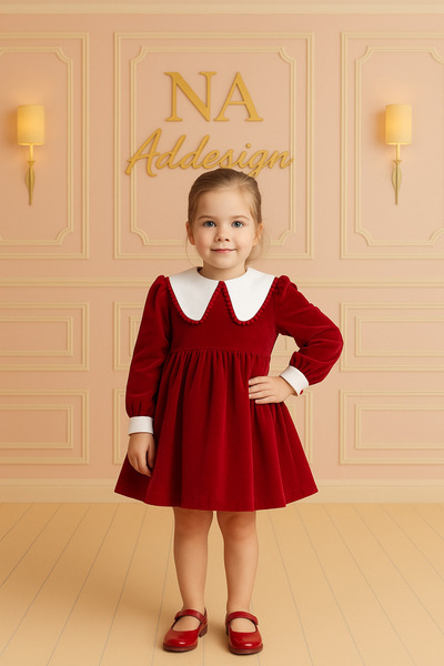 NA ADDESIGN Velvet Girl's Dress – White Collar Detail, Long Sleeve Special Occasion Model