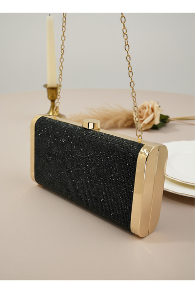 Biçanta Black Gold Detailed Full Crystal Stone and Metal Frame and Evening Dress Bag Wedding Engagement Graduation