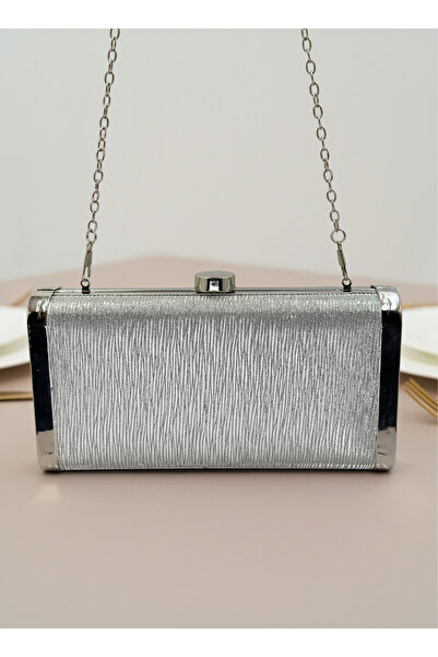 Biçanta Silver Gray Lame Complete Metal Frame Evening Dress Bag Wedding Engagement Graduation