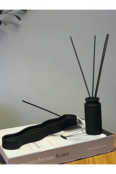 Otantik Dekoratif Siyah Dalgalı Bohem Tütsülük & Kalpli Vazo Set