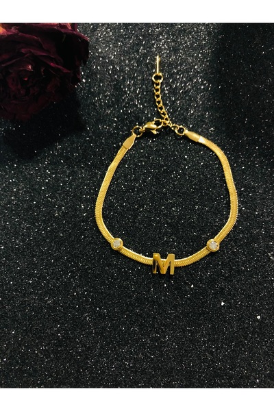 ESEM AKSESUAR M Harfi İtalyan Zincir Taşlı Gold Bileklik