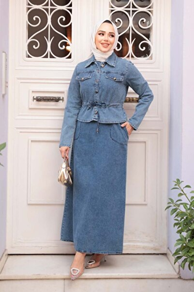 N.S NEVA STYLE Dark Blue Hijab Denim Dress Double Suit 44652Km