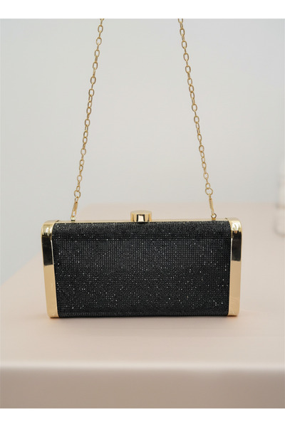 Biçanta Black Gold Detailed Full Crystal Stone and Metal Frame and Evening Dress Bag Wedding Engagement Graduation