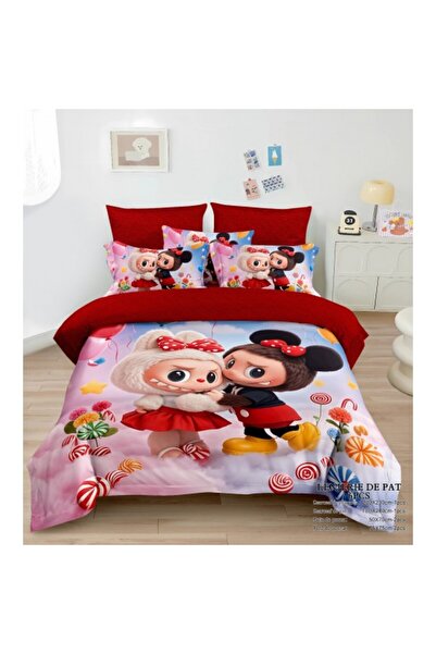 OEM Double bed linen 6 pieces fine with elastic - Labubu model cheerful red