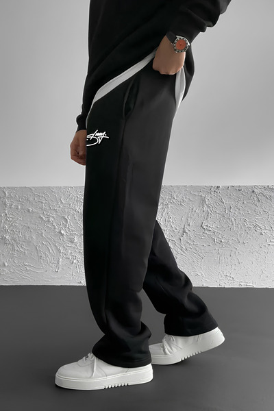 THE RULE Stüssy Curved με τύπωμα Baggy 3 Thread Ş επένδυση fleece Φαρδιά εφαρμογή ίσια πόδια Μαύρο παντελόνι φούτερ RF0555