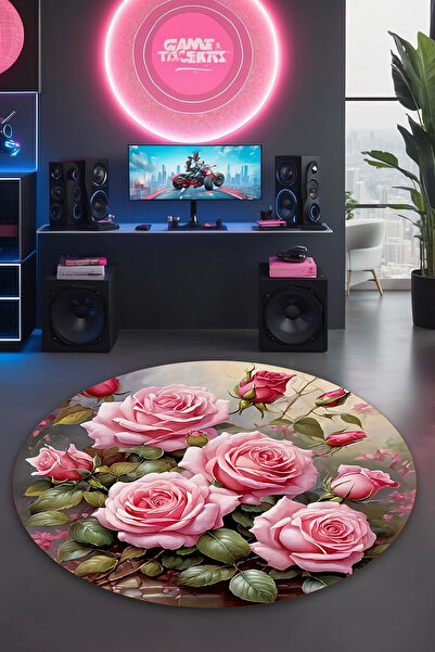 Reyhani Gül Desenli Kaymaz Taban Makinede Yıkanabilir Çocuk Gamıng Halısı Yat...