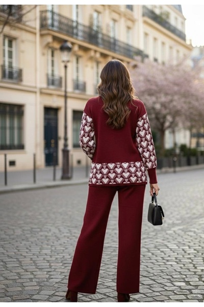 YusGos Women's Heart Patterned Top and Bottom Pants Sweater Knitwear Set