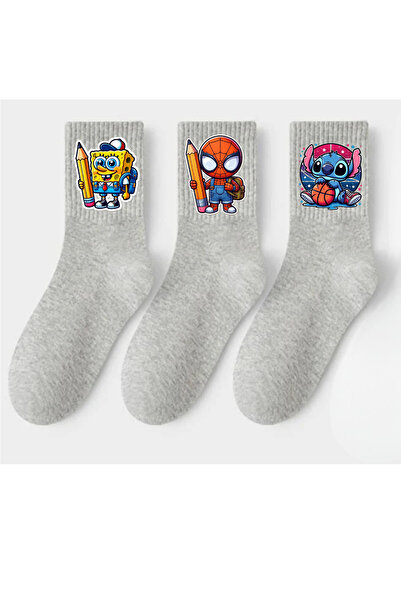 Tubinyoo Sünger Bob-Spiderman-Stitch Baskılı Okul Çorabı