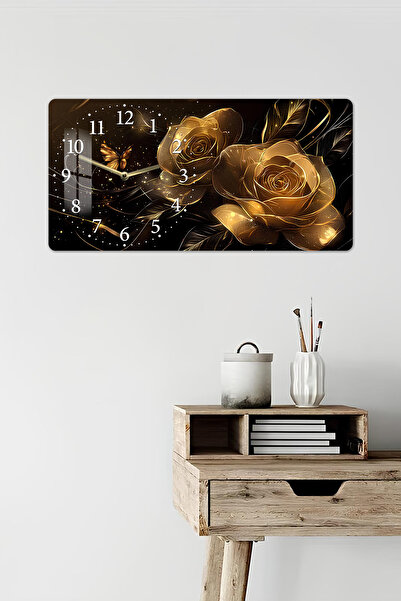 kutuTR 3D Görünümlü 2D UV Baskı Temperli Cam Saat Tablo – Altın Güller ve Kelebek – 60x30 cm-YSL024