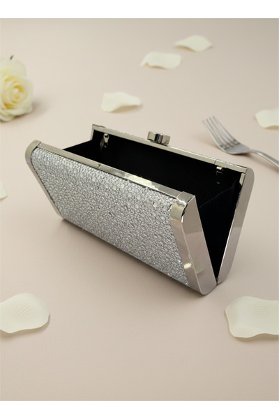Biçanta Silver Gray Lame Full Crystal Stone and Metal Frame and Evening Dress Bag Wedding Engagement Graduation