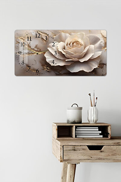 kutuTR 3D Görünümlü Temperli Cam Saat Tablo – Zarif Krem Gül Deseni – 60x30 c...