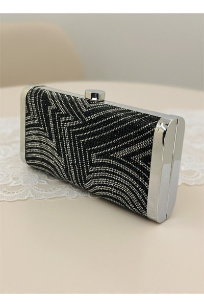 Biçanta Black Platinum Full Crystal Stone and Metal Frame and Evening Dress Bag Wedding Engagement Graduation
