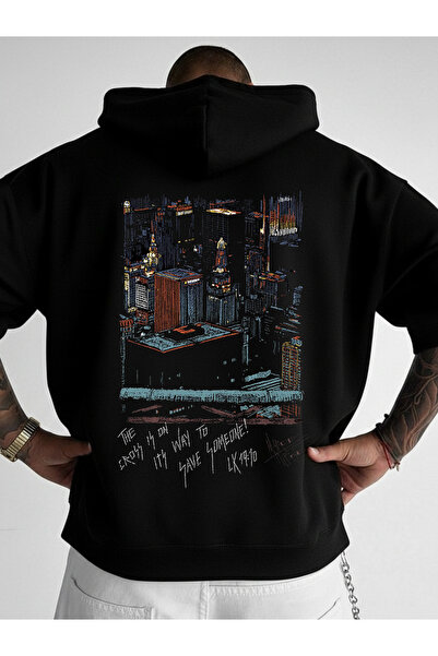 LORVEX Υπερμεγέθη unisex φούτερ με κουκούλα, 100% βαμβάκι, με στάμπα CITY SCE...