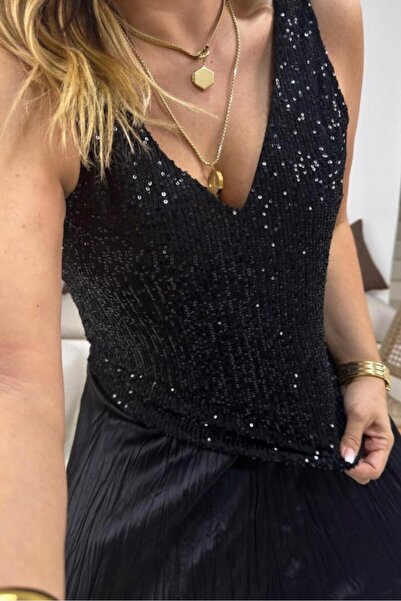 Hisleria Γυναικεία μπλούζα με επένδυση με παγιέτες με λαιμόκοψη σε σχήμα V - Μαύρο