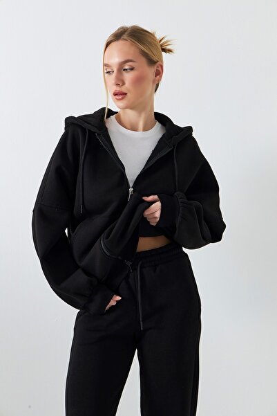 The Champ Clothing Women's Oversized Tracksuit Set Drawstring Black – Zippered, Hooded , Elasticated Legs, 3 Thread Fleece