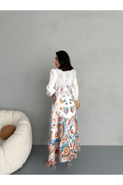 WellWay Atlas Fabric Floral Print Shirt Collar Button Detail White Dress (Include Belt)-2502