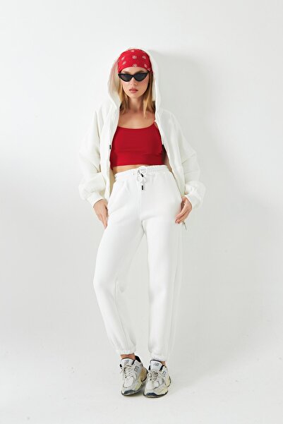 The Champ Clothing Γυναικείο σετ αθλητικής φόρμας oversized Λευκό με κορδόνι – Φερμουάρ, με κουκούλα , Ελαστικό πόδι, 3 νήματα φλις