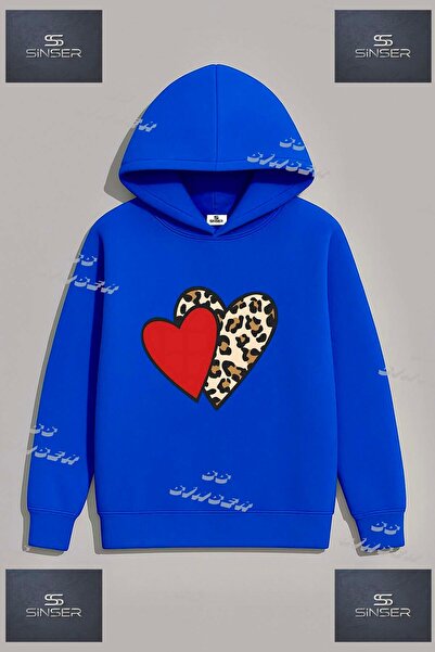 SS SİNSER Φούτερ Unisex με στάμπα  "HEART 2LI RED LEOPARD PATTERN " με κουκούλα