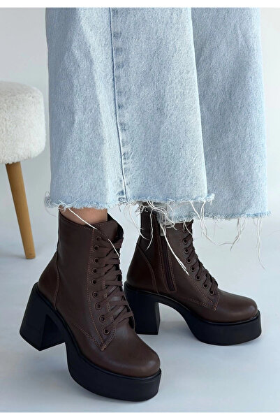 ZENGEZUR MALL Nrzsnt Tsan Brown Leather Lace-Up Heeled Boots (02355) (Size: 37)