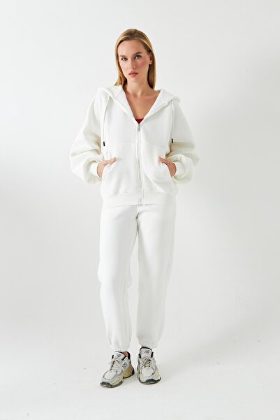 The Champ Clothing Γυναικείο σετ αθλητικής φόρμας oversized Λευκό με κορδόνι – Φερμουάρ, με κουκούλα , Ελαστικό πόδι, 3 νήματα φλις